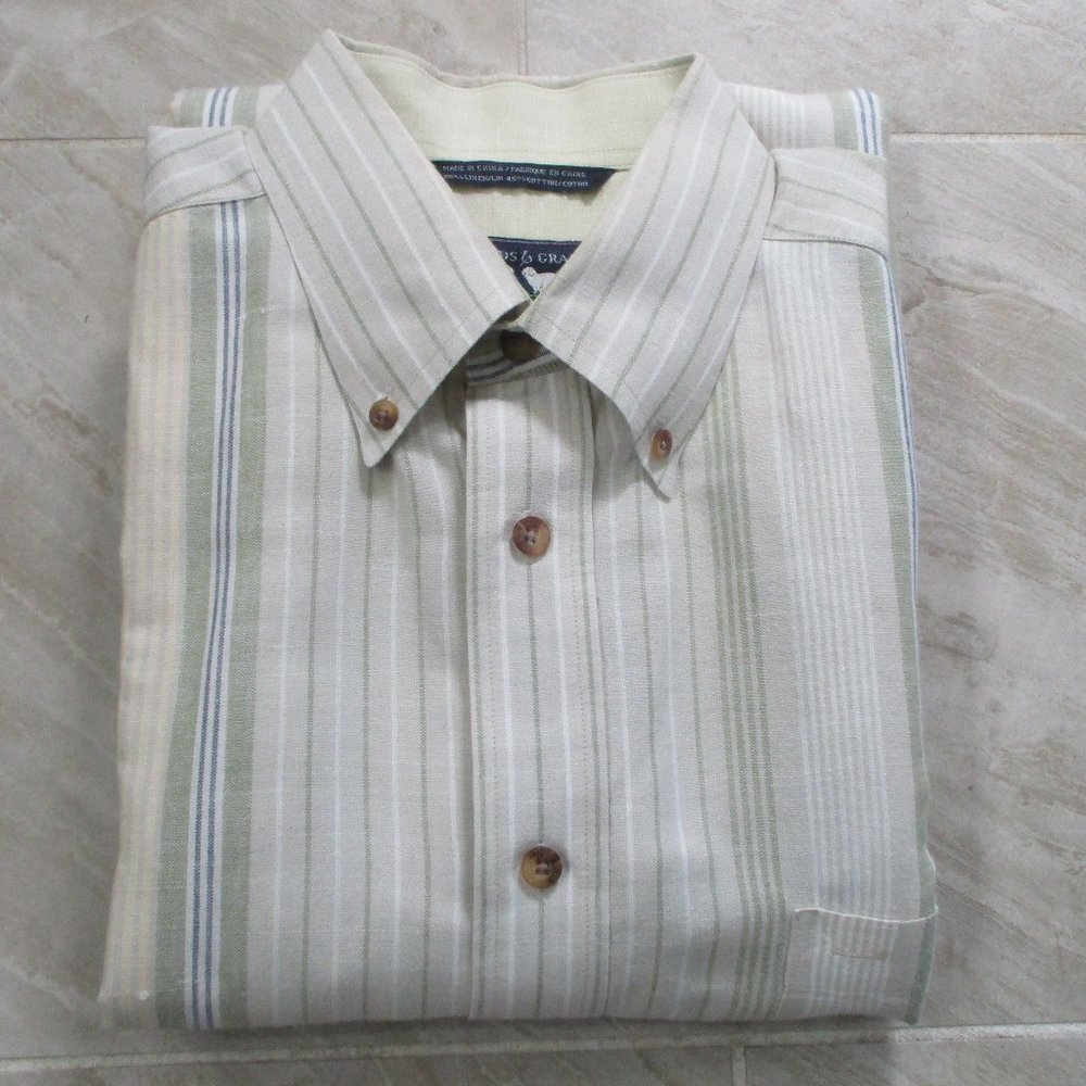 Linen Cotton Short Sleeve Oxford Shirt sz M Beige Striped - Picture 2 of 11